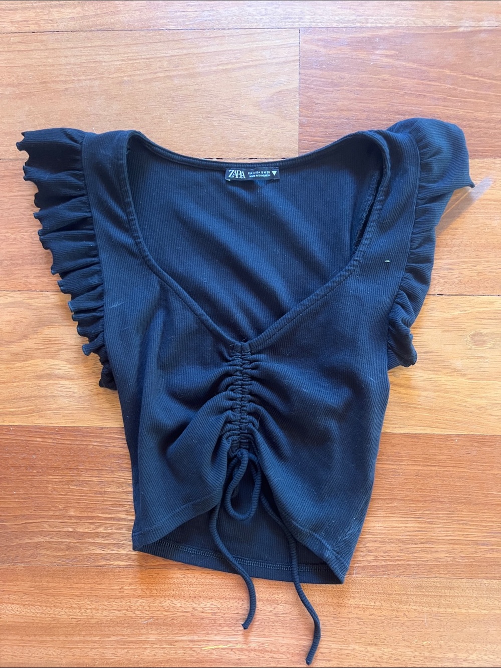 Zara Black Ruched Drawstring Ruffle Crop Top